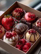 A box of delicious chocolates and strawberries.