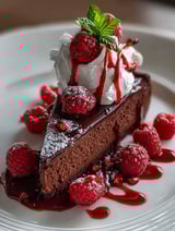 A delicious meal of chocolate cake with raspberries on top.