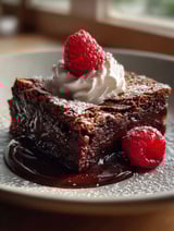 A delicious meal with chocolate cake and raspberries.