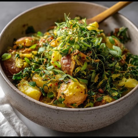 A bowl of lemon pepper smashed potato salad.