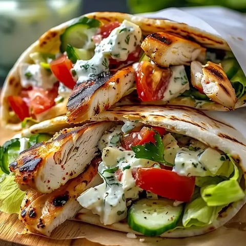 A gyro sandwich with chicken and tomatoes.