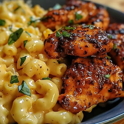 A plate of food with mac and cheese and chicken.
