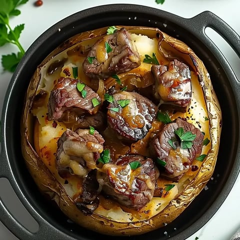 A loaded baked potato with steak bites.