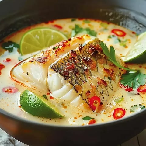 A bowl of soup with fish and lime.