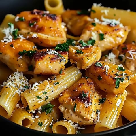 A bowl of garlic butter chicken with rigatoni and parmesan.