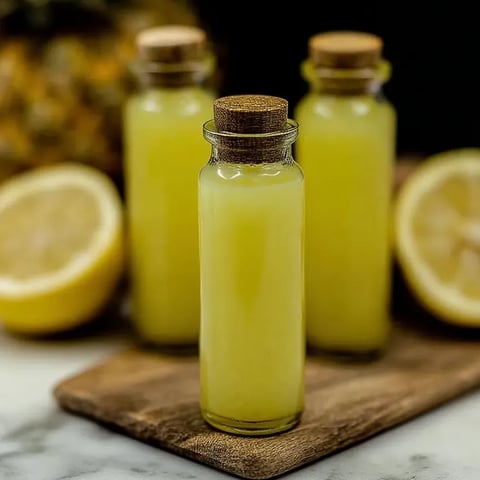 Three bottles of pineapple coconut lemon ginger juice wellness shots.