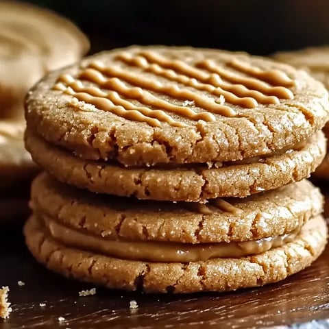 Stacked peanut butter sandwich cookies on a table.