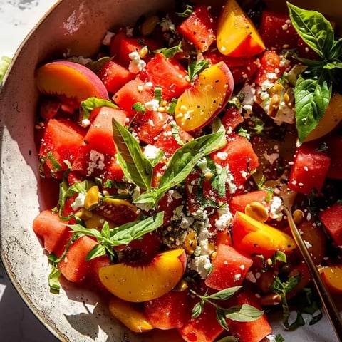 A bowl of watermelon peach salad.