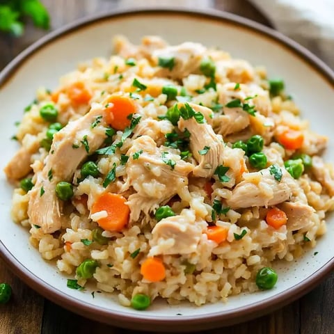 A bowl of rice with chicken and peas.