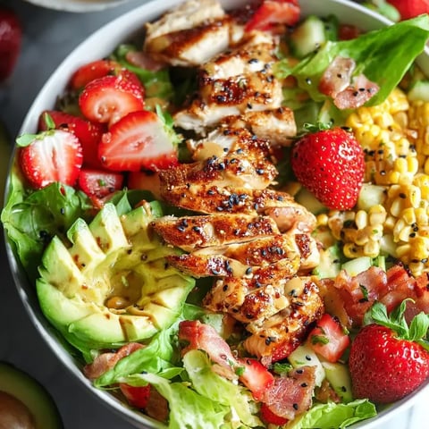A bowl of chicken salad with strawberries, corn, and lettuce.