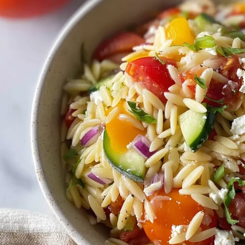 A bowl of pasta salad with tomatoes, cucumbers, and cheese.