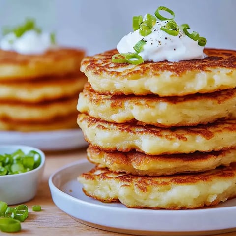 A stack of mashed potato pancakes with white sauce on top.