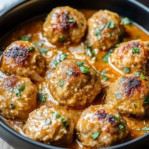 A bowl of meatballs in a brown sauce.