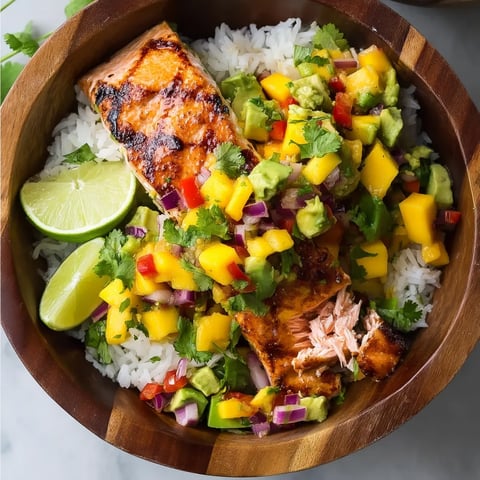 A bowl of grilled salmon with mango salsa.