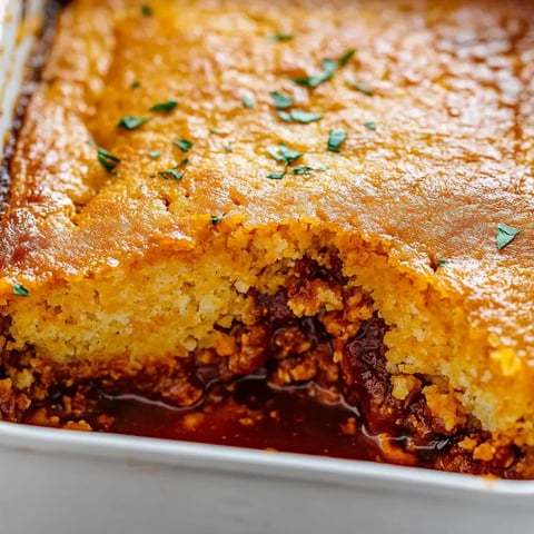 A baked dish with a cornbread crust and BBQ chicken filling.