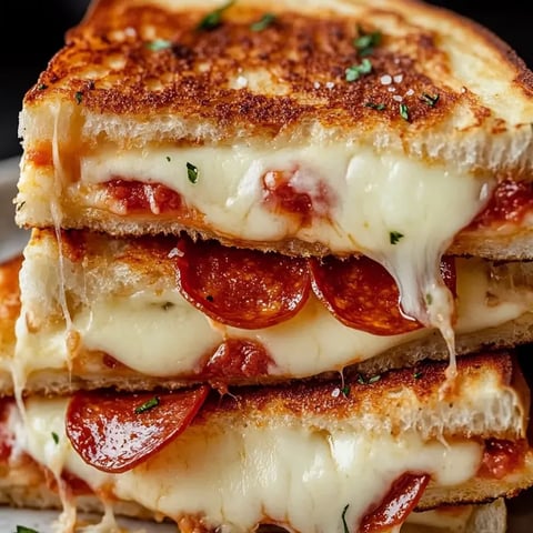 Three slices of pepperoni pizza grilled cheese.