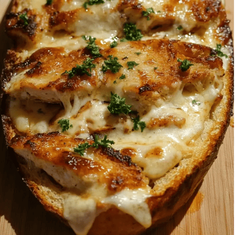 A slice of garlic bread with chicken Alfredo on top.
