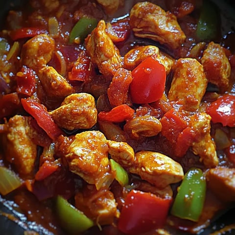 A dish of chicken and peppers in a pan.