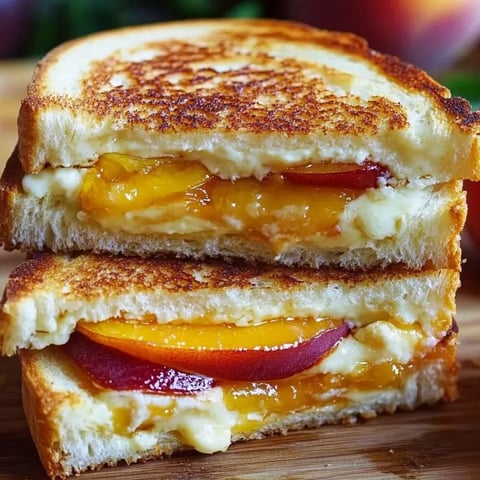 A grilled cheese sandwich with peaches and white cheddar cheese.