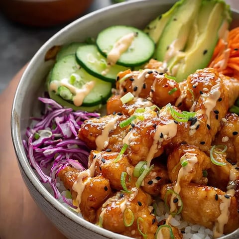 A bowl of food with chicken, rice, and vegetables.