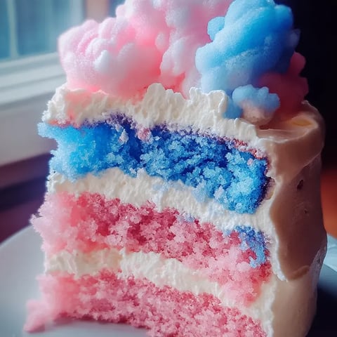 A slice of cake with cotton candy flavors.