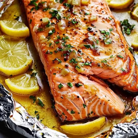 A piece of salmon with lemon slices on top.
