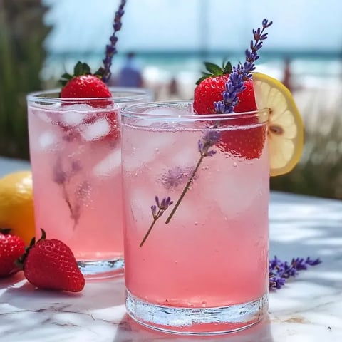 Two glasses of pink lavender lemonade drink.