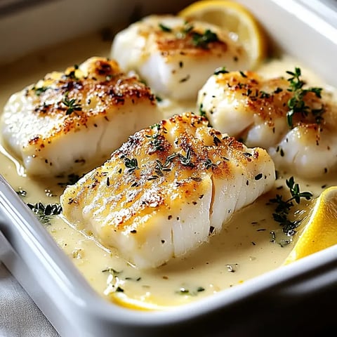 A dish of baked cod with lemon and coconut cream.