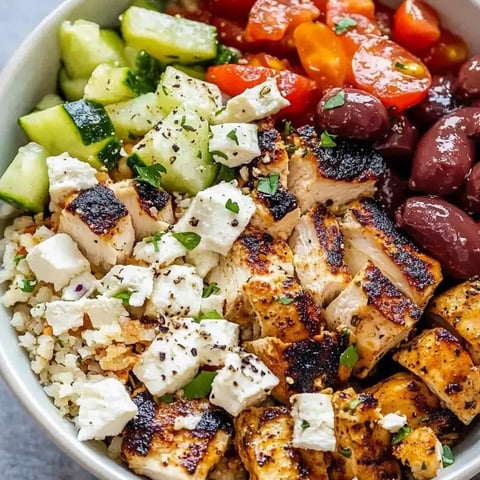 A bowl of food with chicken, tomatoes, cucumbers, and olives.