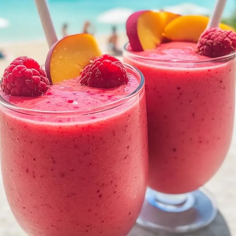 Two glasses of raspberry peach smoothie bliss.