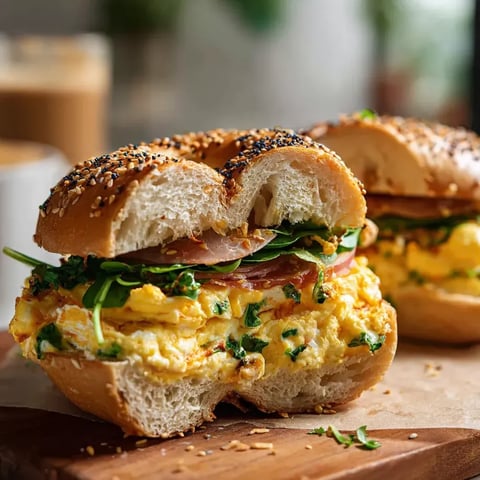 A sandwich with egg and bacon on a wooden table.
