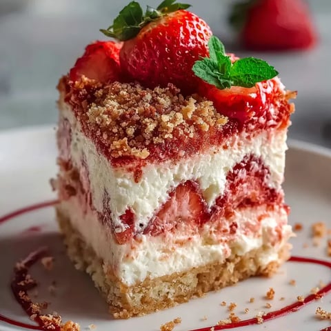 A slice of cake with strawberries on top.