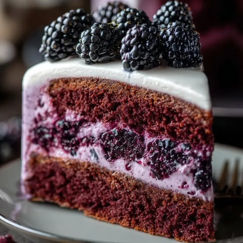 A slice of red velvet cake with blackberries on top.