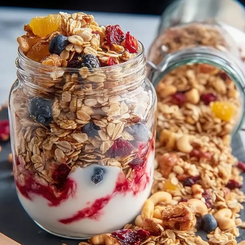 A jar of granola with blueberries and orange slices.
