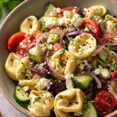 A bowl of pasta salad with tomatoes, cucumbers, onions, and feta cheese.