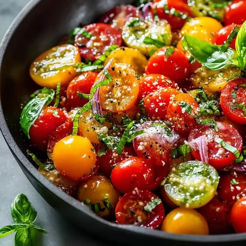 A bowl of food with tomatoes, onions, and basil.