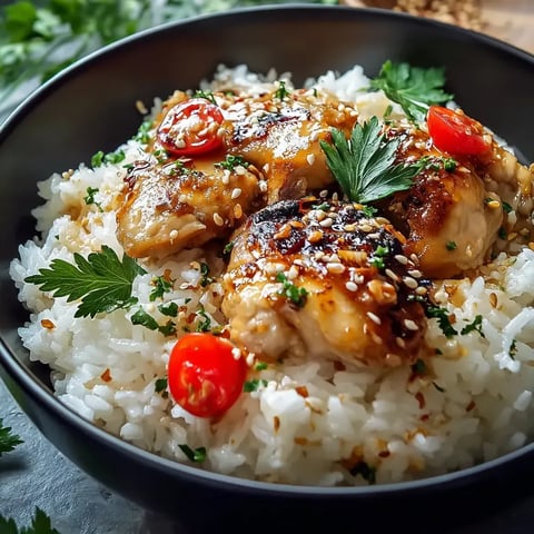 A bowl of rice with chicken and tomatoes.