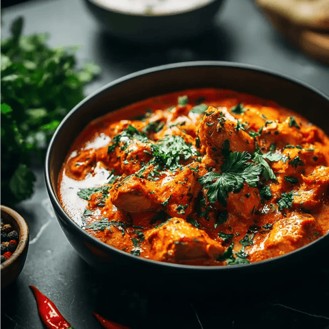 A bowl of chicken curry with green garnish.