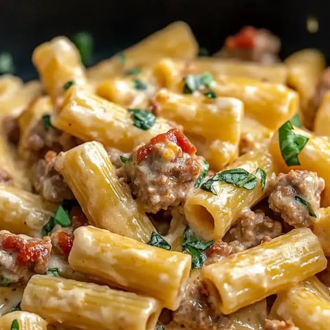 A bowl of pasta with meat and vegetables.
