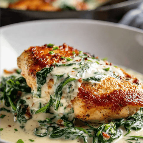 A plate of food with a piece of chicken and greens.