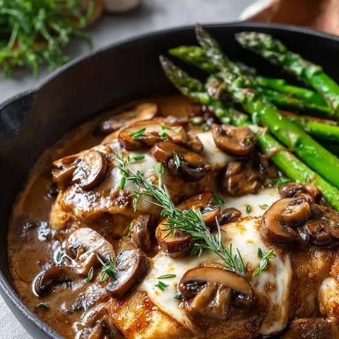 A pan of food with mushrooms and asparagus.