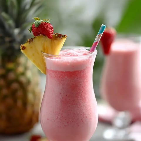 A glass of pink drink with a pineapple wedge on top.