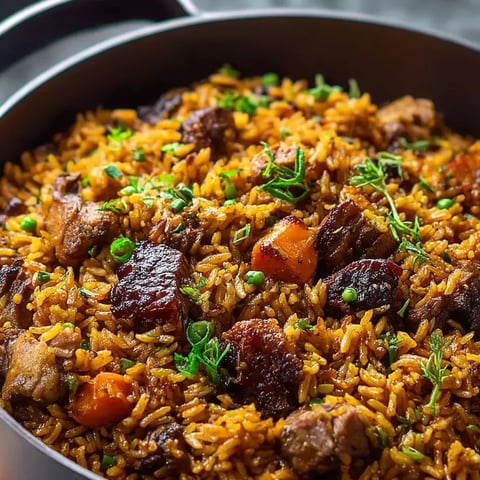 A bowl of rice with meat and vegetables.