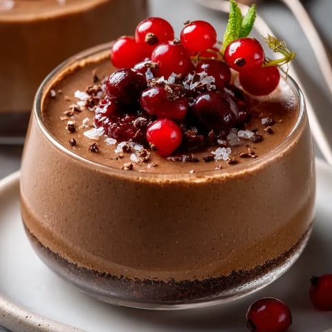 A chocolate dessert with berries on top.