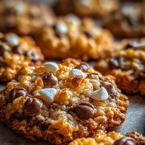A close up of a chocolate chip cookie with marshmallows on top.