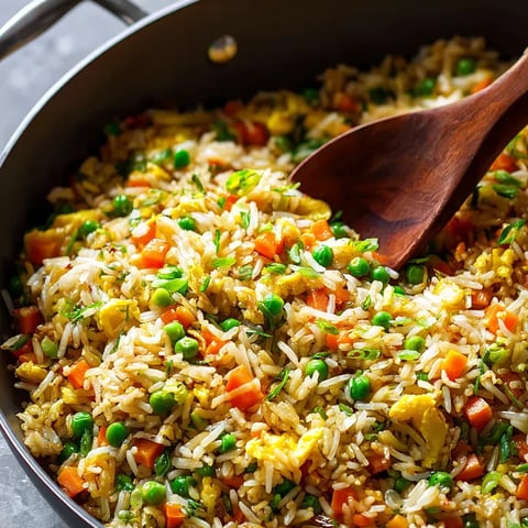 A wooden spoon in a pan of rice and vegetables.