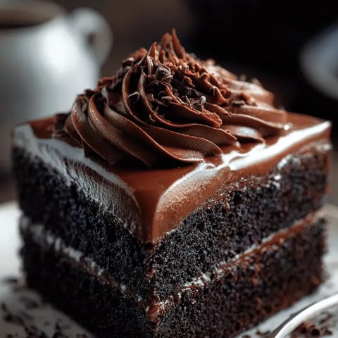 A slice of chocolate cake with a chocolate frosting.