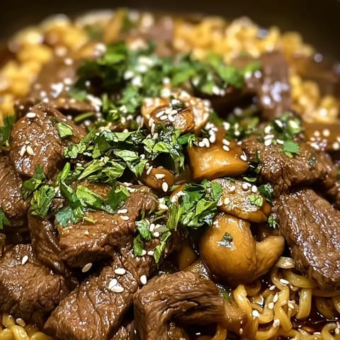 A bowl of beef and mushrooms.