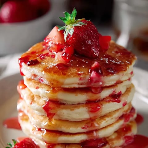 A stack of pancakes with strawberries on top.