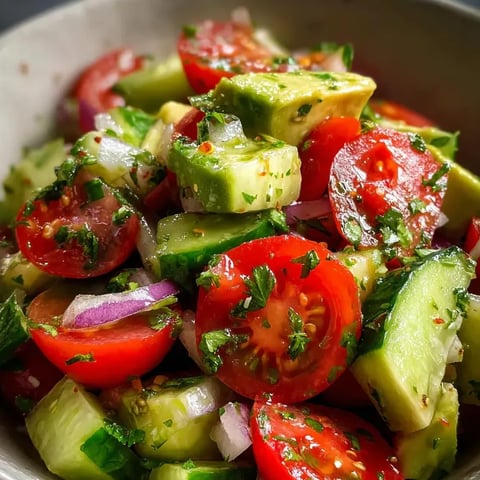 A bowl of sliced tomatoes, cucumbers, onions, and peppers.